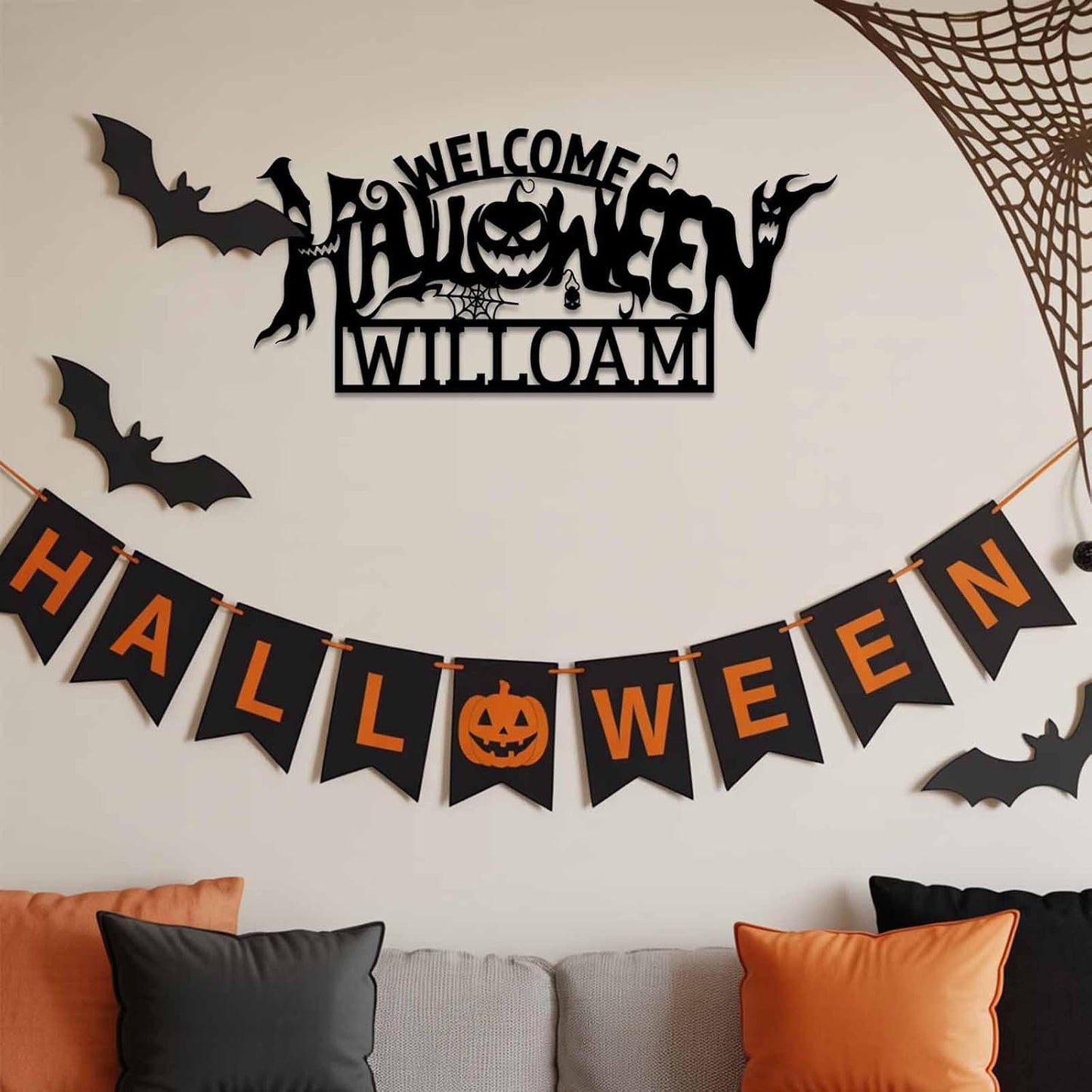 Custom Halloween Family Name Metal Signs, Personalzied Halloween Metal Wall Art with Bats Pumpkins Skull Ghost Spider, Scary Party Decorations, Gothic Home Decor for Home Welcome Sign