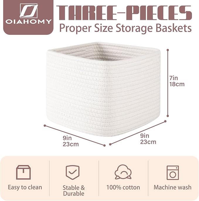 OIAHOMY 9”x9”x7” Storage Cubes, Cotton Rope Woven Baskets for Organizing, Cube Storage Bin, Small Gift Basket for Shelf, 3-Pack, White