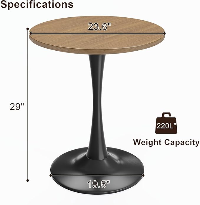 24 inch Small Tulip Table for 2 Person, Walnut Round Dining Table for Kitchen, Leisure Wood Mid Century Modern Table with Metal Pedestal Base for Cafe, Living Room, Bar, Circle Bistro Tables