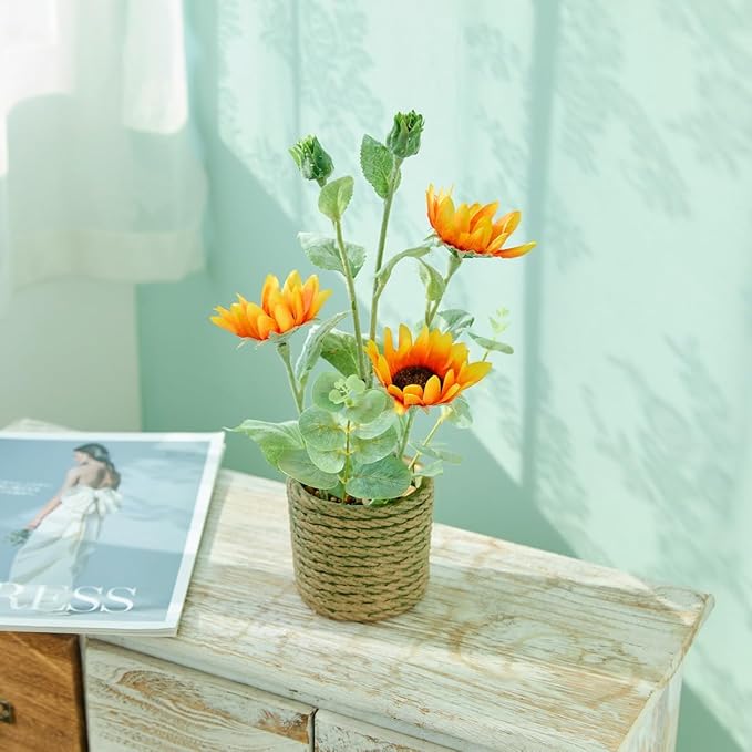 AlphaAcc 13.5 Inches Artificial Plant Sunflower Arrangement Realistic Orange Silk Fake Plants with Eucalyptus Stems in Rustic Rope-Striped Cement Planter Faux Potted Flowers for Home Décor Indoor