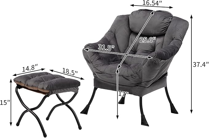 HollyHOME Fabric Lazy Chair with Foldable Ottoman, Accent Comfy Lounge Arm Chair and Folding Footrest Stool Set, Leisure Sofa Reading Chair and Footstool for Living Room, Bedroom, Dorm, Smoky Grey