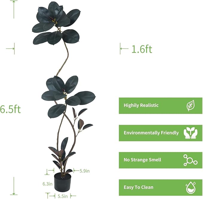 Artificial Rubber Tree Plant, 78 Inch Indoor Tree, Green with Round Planter, All Season Home Decor (Black,6.5ft)