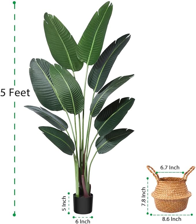Artificial Bird of Paradise Plants 5Ft Fake Tropical Palm Tree with 10 Trunks in Pot and Woven Seagrass Belly Basket Perfect Faux Plant for Home Indoor Outdoor Office Modern Decor Green 2 set