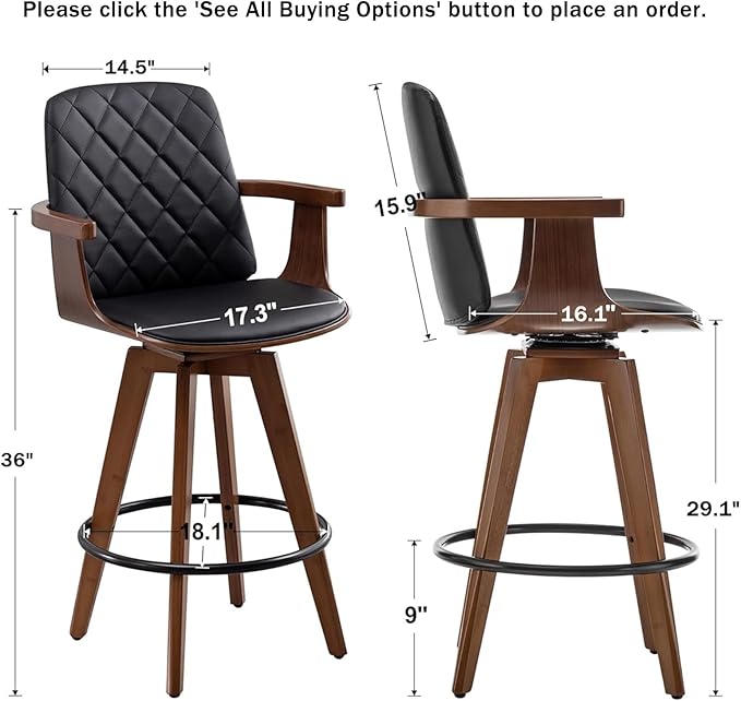 Bar Stools Set of 2, Upholstered Faux Leather Bar Height Bar Stools, Swivel Barstools with Wooden Arms and Legs (Black, 30" Seat Height)