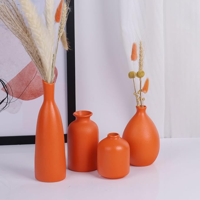 Orange Ceramic Bud Vases Set of 4, Farmhouse Style - Mantle & Shelf Decor - Living Room, Bathroom, Office & More
