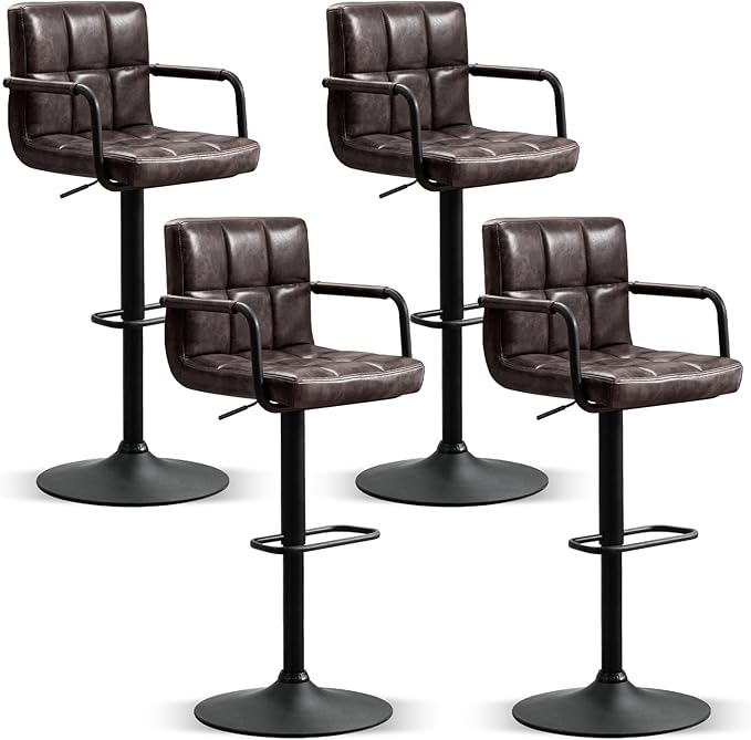 Furniliving Swivel Bar Stools Set of 4, Adjustable Kitchen Counter Height BarStools with Arms, PU Leather Upholstered Bar Chair with Back and Footrest for Dining Room, Kitchen, Pub, Bar (Blackbrown)