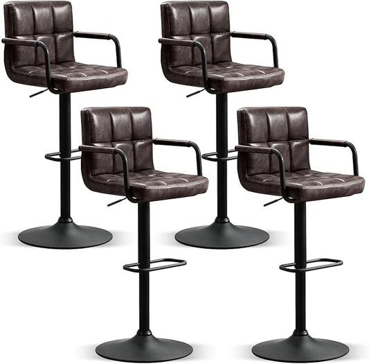 Furniliving Swivel Bar Stools Set of 4, Adjustable Kitchen Counter Height BarStools with Arms, PU Leather Upholstered Bar Chair with Back and Footrest for Dining Room, Kitchen, Pub, Bar (Blackbrown)