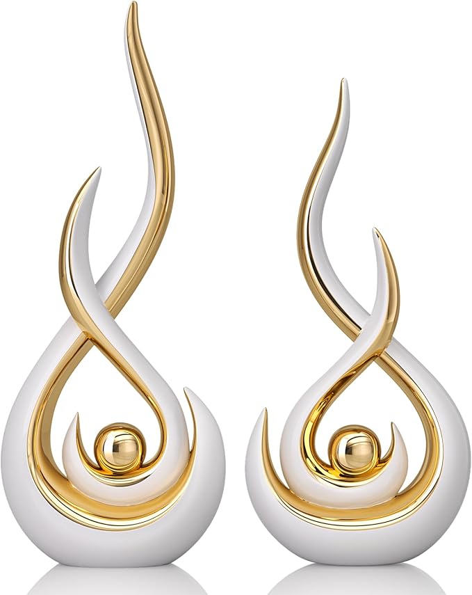 Modern Abstract Art Home Decor Accent,Contemporary Statues Coffee Table Decor for Living Room,Table Centerpieces for Dining Room,Ceramic Sculptures Knick Knacks for TV Stand Show Piece (White Gold)