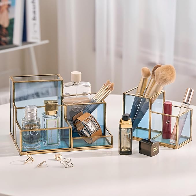 Gold & Blue Glass Desk Organizer - Elegant Office Decor, Aesthetic Makeup Brush Holder, 2-Compartment Pen Holder, Pencil Cup, Vanity & Cosmetic Storage, Desk Accessories for Women