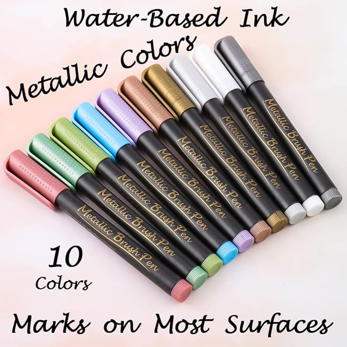 Dyvicl Metallic Brush Marker Pens - Metallic Pens Art Markers for Calligraphy, Brush Lettering, Black Paper, Rock Painting, Card Making, Scrapbooking, Fabric, Metal, Ceramic, Wine Glass, Set of 10