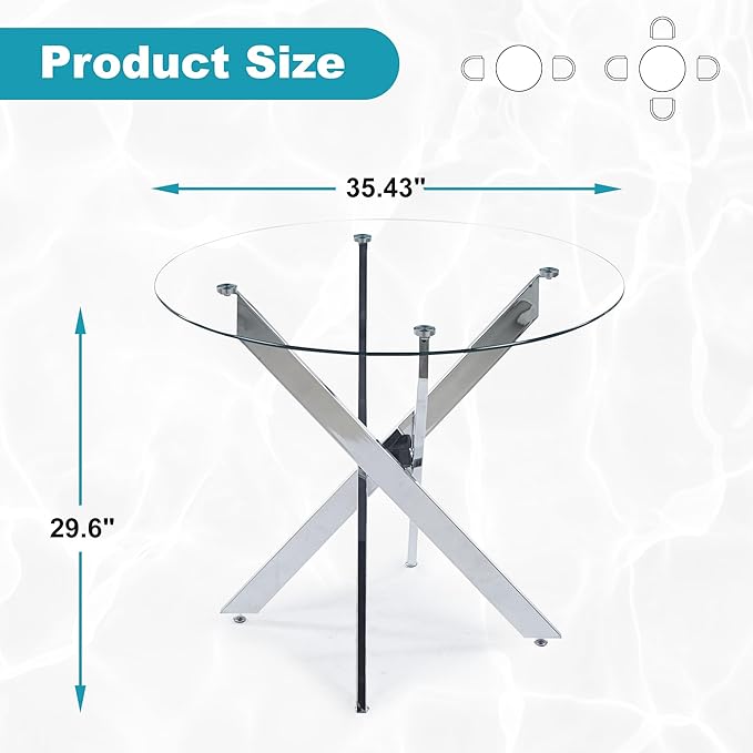 Dining Table for 4 Modern Round Dining Table 35.43" Kitchen & Dining Room Tables with Metal Legs and Glass Tabletop for Dining Room and Apartment, Chrome