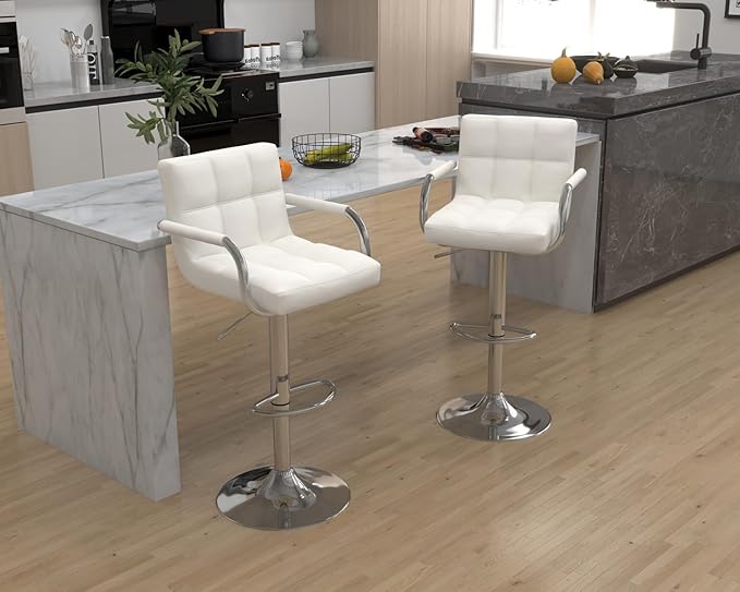 Modern PU Leather Bar Stools Set of 4, Adjustable Swivel Square Bar Chairs, Counter Height Barstools with Arms and Large Base for Island/Kitchen(White)
