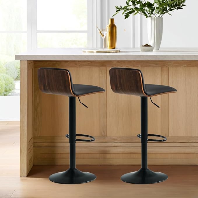 Set of 3 Swivel Bar Stools Adjustable Height, Faux Leather Barstools with Wooden Back and Footrest, Counter Height Bar Height Chairs for Kitchen Island, Dining Room, Black