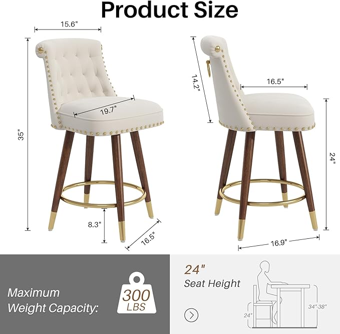 24" Counter Height Bar Stools Set of 4, Swivel Counter Stools with Back, Upholstered Velvet Stools for Kitchen Counter with Wood Legs, Fabric in Off-White