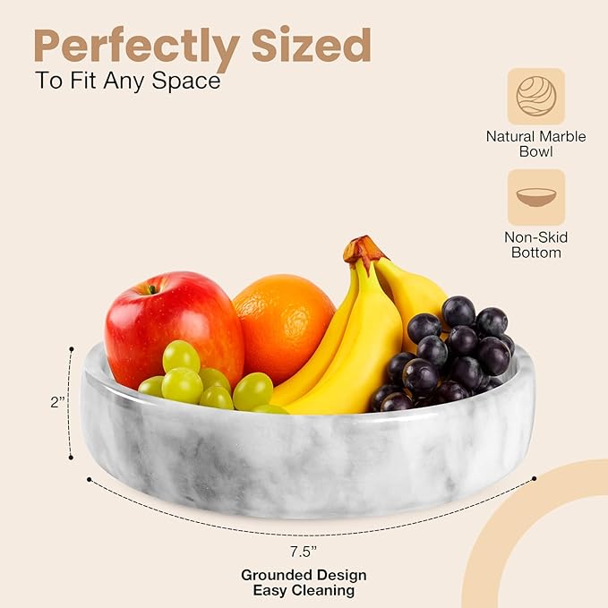 Marble Decorative Bowl - 7.5" White/Grey Solid Marble Centerpiece - Handmade Stone Fruit Bowl - Catch-All or Key Bowl for Kitchen - Modern Minimalist Decor