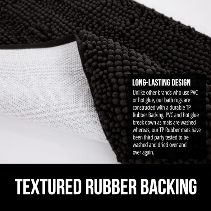 GORILLA GRIP Plush Absorbent Shaggy Chenille Bath Rug Mat for Square Toilet Base with Rubber Backing, Machine Washable Rugs, Soft Microfiber Contour Mats for Toilets, Bathroom Decor, Black