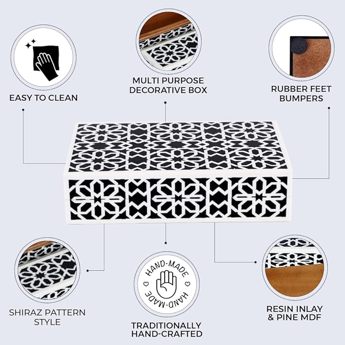 Handicrafts Home Decorative Storage Box with Lid- 8x5x2” Small Keepsake, Trinket Box, Memory Box- Decorative Boxes for Home Decor, Centre Table, Giftable Storage Accent- Shiraz- Black White