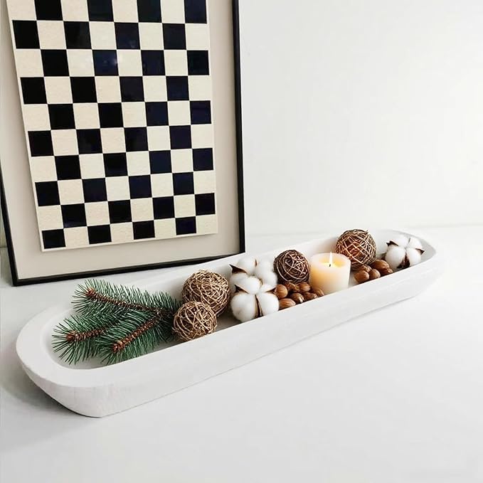 Wooden Dough Bowl Decor, Vintage Wooden Bowl Hand Carved Home Decor for Dining Table Center, Living Room, Kitchen Decor. (20inch white)