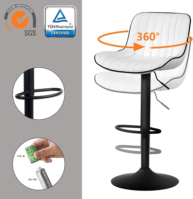 YOUNUOKE Bar Stools Set of 2, Adjustable Swivel Counter Height Chairs with Back, White PU Leather Upholstered Barstools for Kitchen Island Home Bar