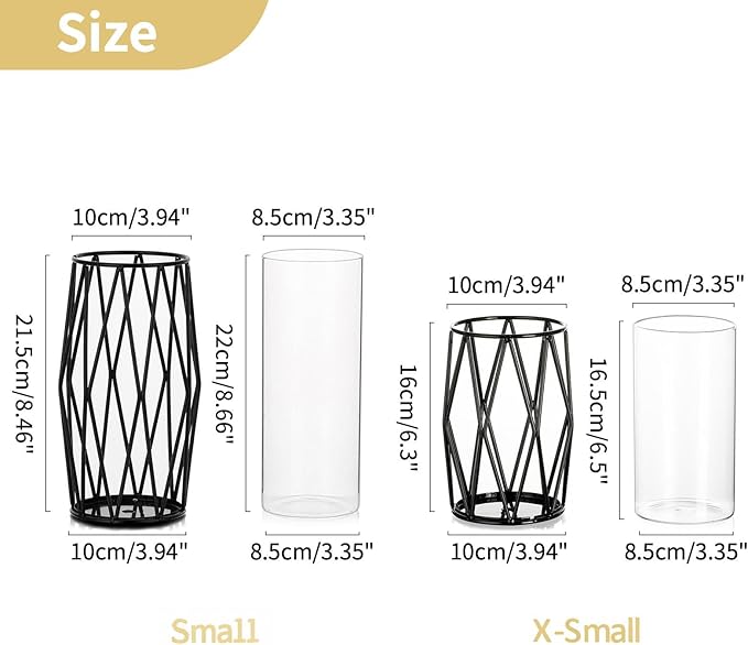 Nuptio Black Pillar Candle Holders - Glass Candles Holder with Geometric Metal Rack Stand for Wedding Birthday Party Centerpieces - Flower Vase Small Hurricane Vases for Office Living Room