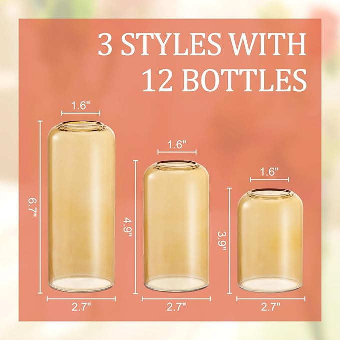 12Pcs Glass Bud Vases Set, Small Flower Vase for Centerpieces, Small Vases for Flowers, Decor Centerpiece for Bathroom, Decorative Vases for House Warming (Amber)