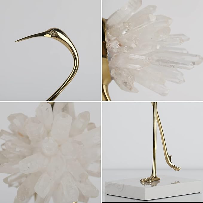 suruim Elegant Gold Crane Bird Statues with Crystal Tail Accents, Decorative Brass Figurines for Home Decor (White C)