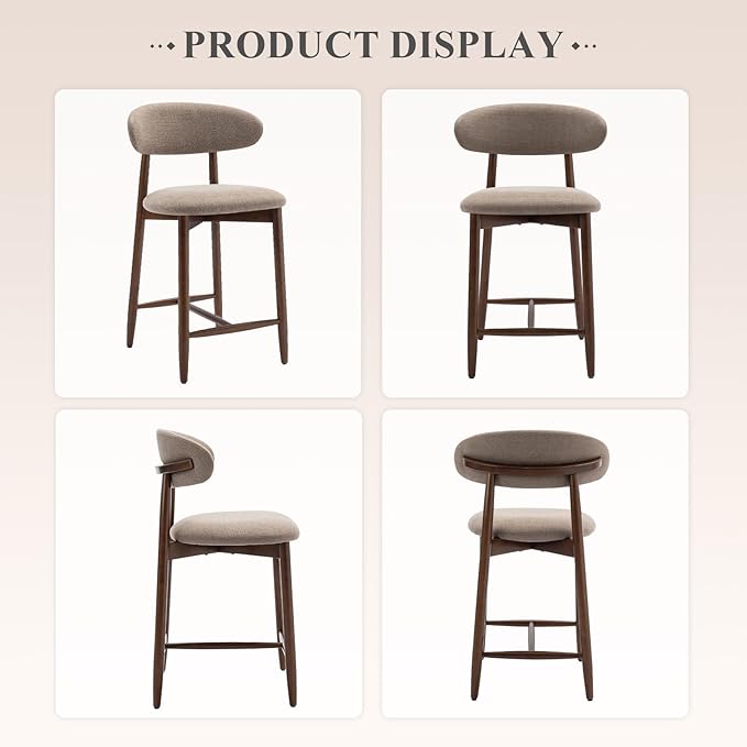 COLAMY Counter Height Bar Stools Set of 2, Kitchen Bar Stools with Back, Mid Century Modern Upholstered, with Wood Legs for Kitchen Island Dining Room, Camel