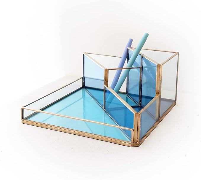 Gold & Blue Glass Desk Organizer - Elegant Office Decor, Aesthetic Makeup Brush Holder & Skincare Organizer, 4-Compartment Pen Holder, Pencil Cup, Vanity & Cosmetic Storage, Desk Accessories for Women