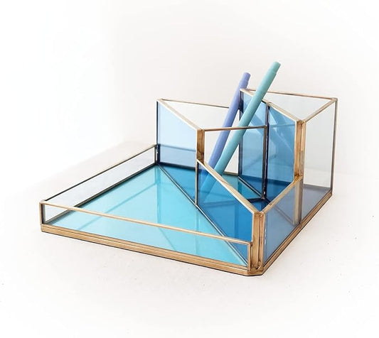 Gold & Blue Glass Desk Organizer - Elegant Office Decor, Aesthetic Makeup Brush Holder & Skincare Organizer, 4-Compartment Pen Holder, Pencil Cup, Vanity & Cosmetic Storage, Desk Accessories for Women