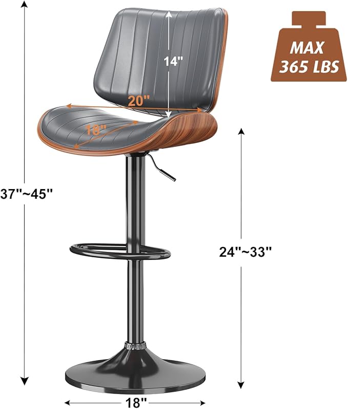 Swivel Bar Stools Set of 4, Adjustable Bentwood Barstools for Kitchen Counter, Modern PU Leather Upholstered Bar Chair with Back and Footrest, for Kitchen Island, Bar, Dining Room, Gray