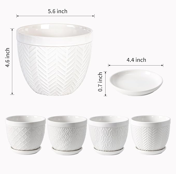 Sureasy Ceramic Indoor Plant Pots - 5.6 Inch Flower Pots for Plants with Drainage Hole and Saucer, Embossed Planter for Succulents, Orchid, Cactus, Indoor Home Decor, Set of 4, White