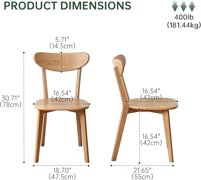 Mid Century Oak Wood Dining Chairs Set of 4, 100% Solid Wood Kitchen Chair with Rounding Edges & Curved Backrest, Modern Armless Accent Dining Chairs for Kitchen Dining, Natural Oak