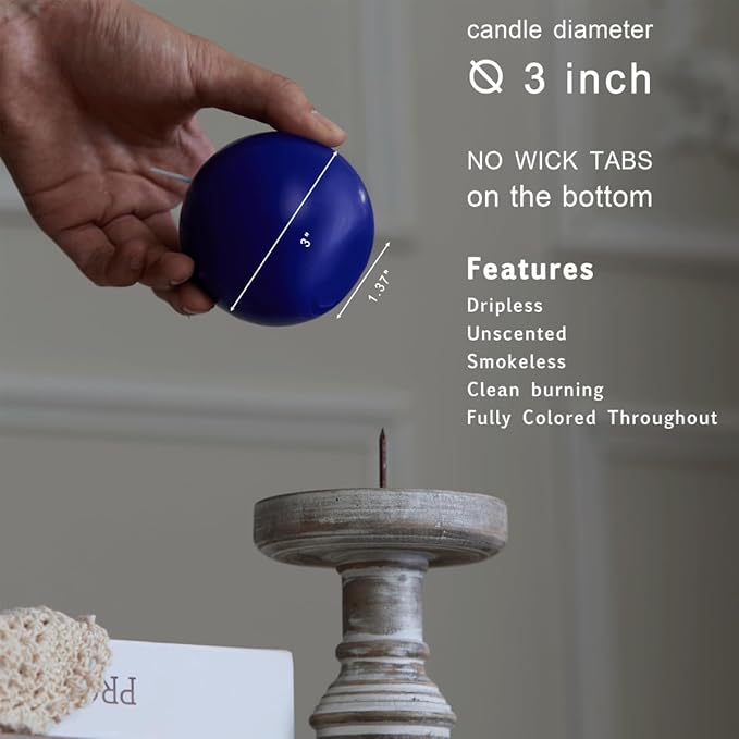 MOZEAL Hand-Poured, 3 Inch Royal Blue Round Ball Candles - Elegant Royal Blue Round Pillar Candles Set of 3, Dripless, Unscented, Smokeless, Ideal for Formal Events.
