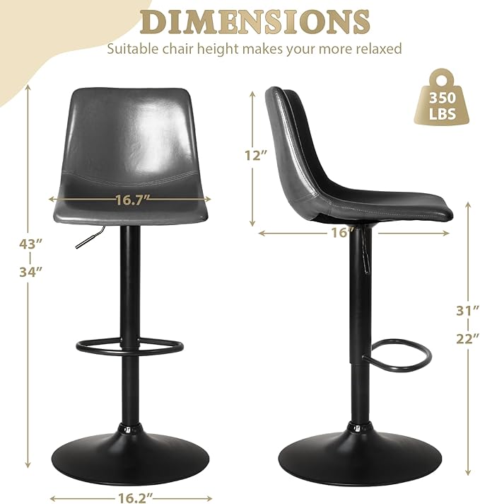 LEMBERI Bar Stools Set of 4 Modern Swivel Bar Chairs, Barstools Counter Height with Backrest, Adjustable Faux Leather Upholstered Bar Stool for Kitchen Island, Grey