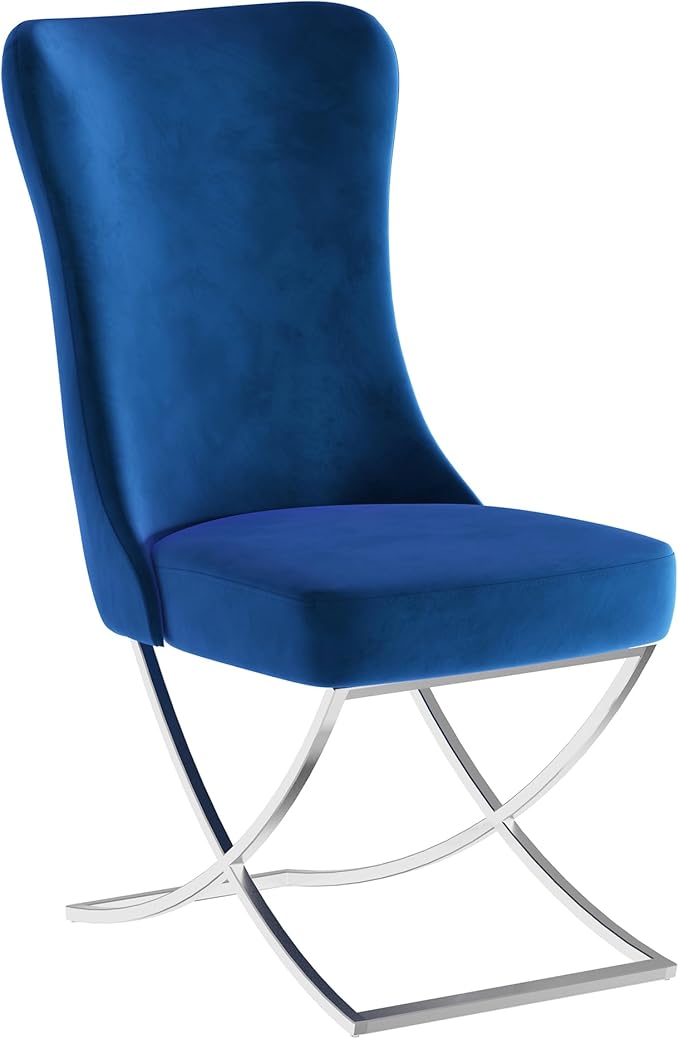 Ottomanson Royal Dining Chairs Set of 4 – Upholstered Tufted Microfiber, Assembled, Silver Metal Legs, Beech Wood Frame, 350 lb Capacity, Blue