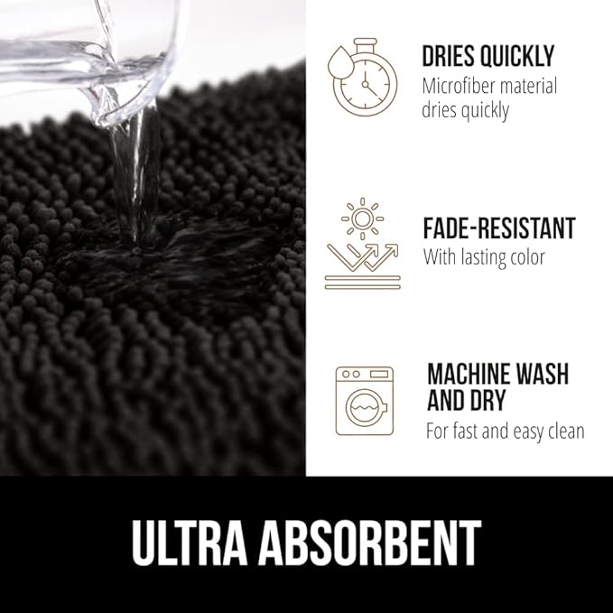GORILLA GRIP Plush Absorbent Shaggy Chenille Bath Rug Mat for Square Toilet Base with Rubber Backing, Machine Washable Rugs, Soft Microfiber Contour Mats for Toilets, Bathroom Decor, Black