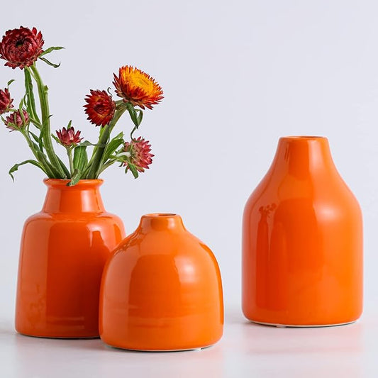 Small Vase Set of 3 for Modern Home Decor,Ceramic Vases for Centerpieces Flower Vases for Living Room Wedding/Dinner Table/Party -Orange