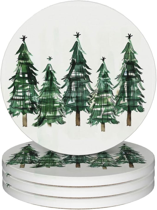 Christmas Xmas Tree Coasters for Drinks Absorbent Ceramic Coaster Set of 4 for Coffee Table Cup Bar Coasters with Cork Base Round Stone Mats Holiday Housewarming New Home Decors