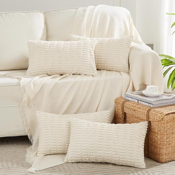 Fancy Homi 4 Packs Boho Cream Decorative Throw Pillow Covers 16x24 Inch for Living Room Couch Bed Sofa, Rustic Modern Farmhouse Home Decor, Soft Plush Corduroy Beige Cute Square Cushion Case 40x60 cm