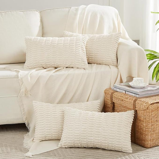 Fancy Homi 4 Packs Boho Cream Decorative Throw Pillow Covers 16x24 Inch for Living Room Couch Bed Sofa, Rustic Modern Farmhouse Home Decor, Soft Plush Corduroy Beige Cute Square Cushion Case 40x60 cm
