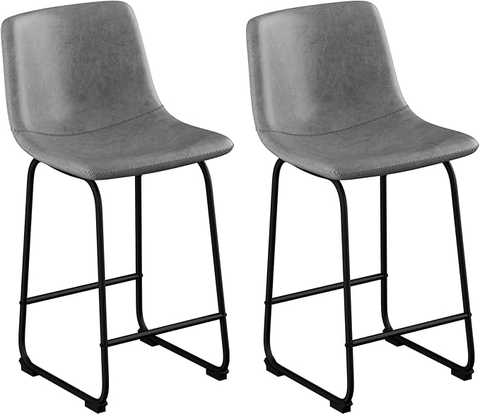Bar Stools Set of 2, 26 Inches Counter Height Barstools with Back, Modern Faux Leather Bar Stool with Metal Legs and Footrest, Urban Armless Dining Chairs for Kitchen Island (Grey)
