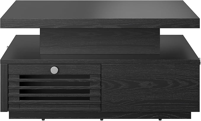 IRONCK Coffee Table with LED Light and Charging Station, 4 Storage Drawers with Grille Design, Square Coffee Table for Living Room Office Reception Room (Black)