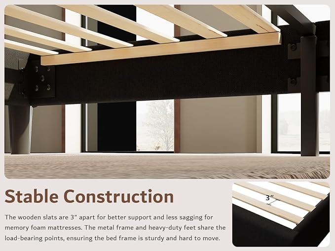 iPormis Twin Size Bed Frame with Charging Station, Linen Platform Bed Frame with Wingback Headboard Upholstered Bedframe, Solid Wood Slats Support, No Box Spring Needed, Easy Assembly, Black