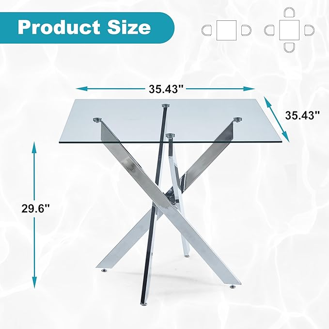 Dining Table for 4 Modern 35.43" Rectangular Glass Dining Table Kitchen & Dining Room Tables with Metal Base for Dining Room and Apartment, Chrome