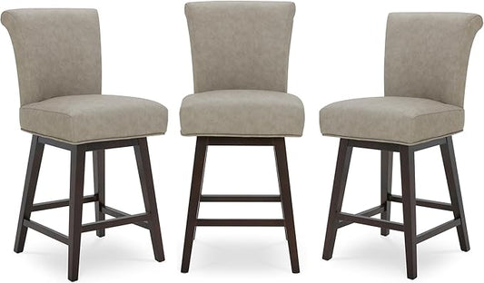 CHITA 26 Inch Counter Height Swivel Bar Stools Set of 3, FSC Certified Modern Upholstered Faux Leather Swivel Barstool Chair with Back, Stone Grey