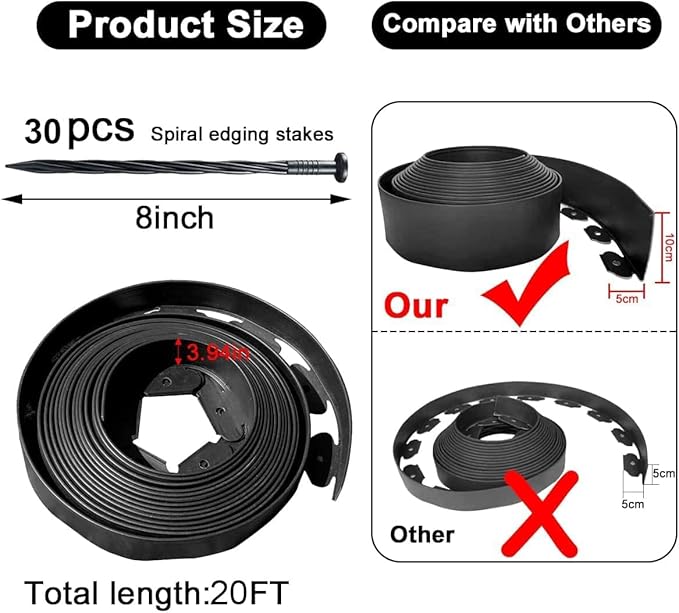 Garden Edging Borders 20FT,Landscape Edging Black[Extra Tall 4IN High] with 30pcs Plastic Stakes, Lawn Edging Flexible DIY Fence for Landscaping,Flower Bed,Grass,Gravel,Tree Surrounding