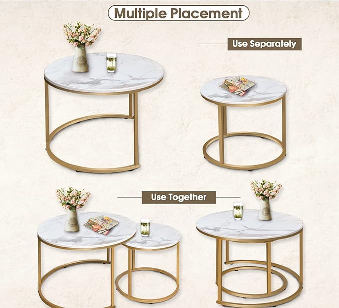 aboxoo Coffee Table Nesting White Set of 2 Side Set Golden Frame Circular Round and Marble Pattern Wooden Tables, Living Room Bedroom Apartment Modern Industrial Simple Nightstand
