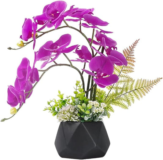 LESING Artificial Potted Orchid Flower for Table Centerpieces,Real Touch Fake Orchid Flowers in Vase for Home Decoration (Style 1,Black Vase)