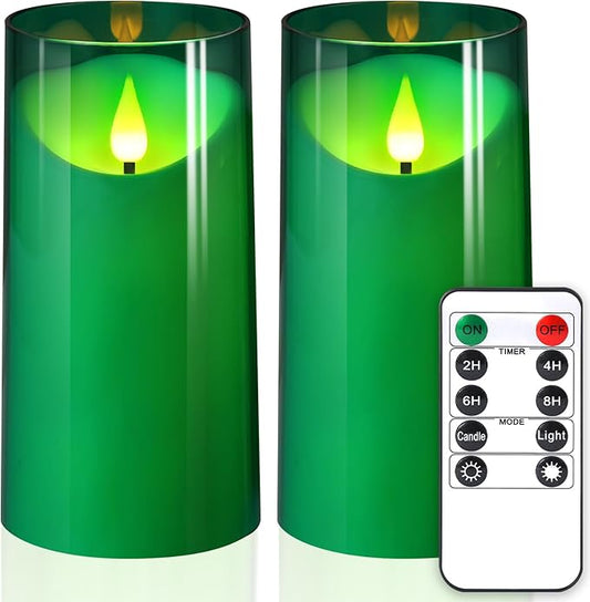 NURADA 3"x6"Flickering Flameless Candles: 3D Wick Acrylic Battery Operated LED Pillar Candles with Remote and Timer for St. Patrick's Day Home Holiday Forest Christmas Party Table Decor - Green