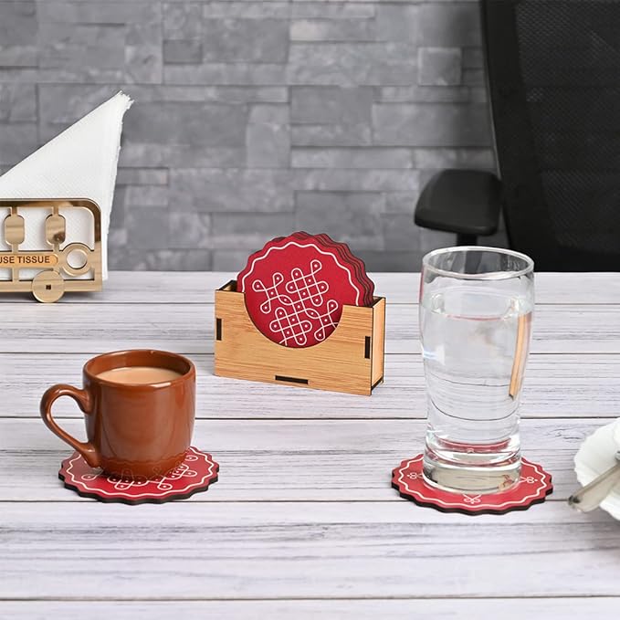 GKD Wooden Coasters for Drinks, Coasters Set of 6 with Holder, 3.5 inches Eco-Friendly Absorbent Coaster for Coffee Table, Bar, Drinking Glasses, Tabletop Protection (1, Fine Art Red)